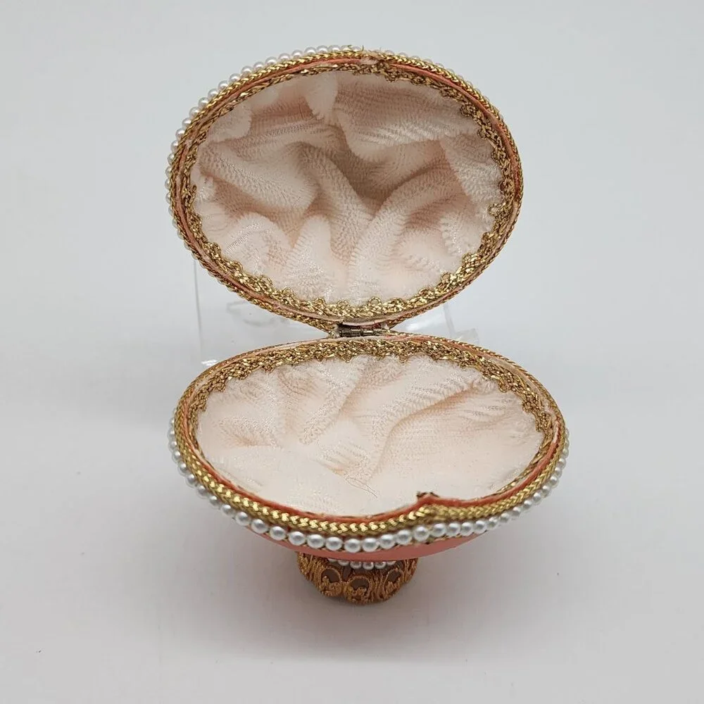 Decorative Egg Shaped Jewelry Trinket Box Faux Pearl Velvet Floral 2.5